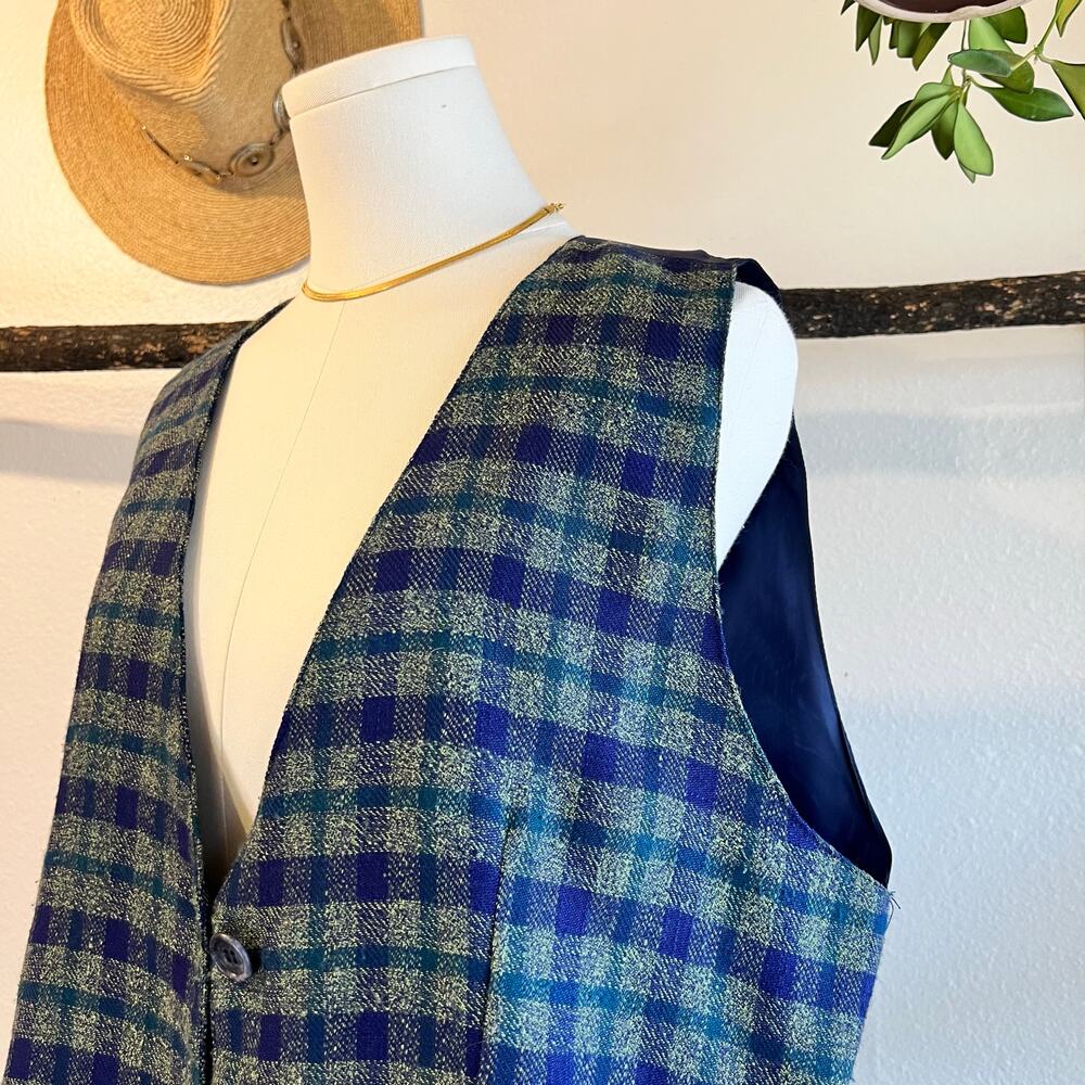 Vintage 90s Blue & Green Plaid Print Button Front Vest Top Size Large USA
